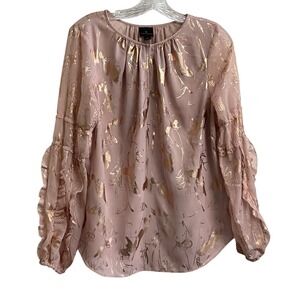 Worthington Ruffle Sleeve Blouse Women Medium Pink Gold Foil Floral
